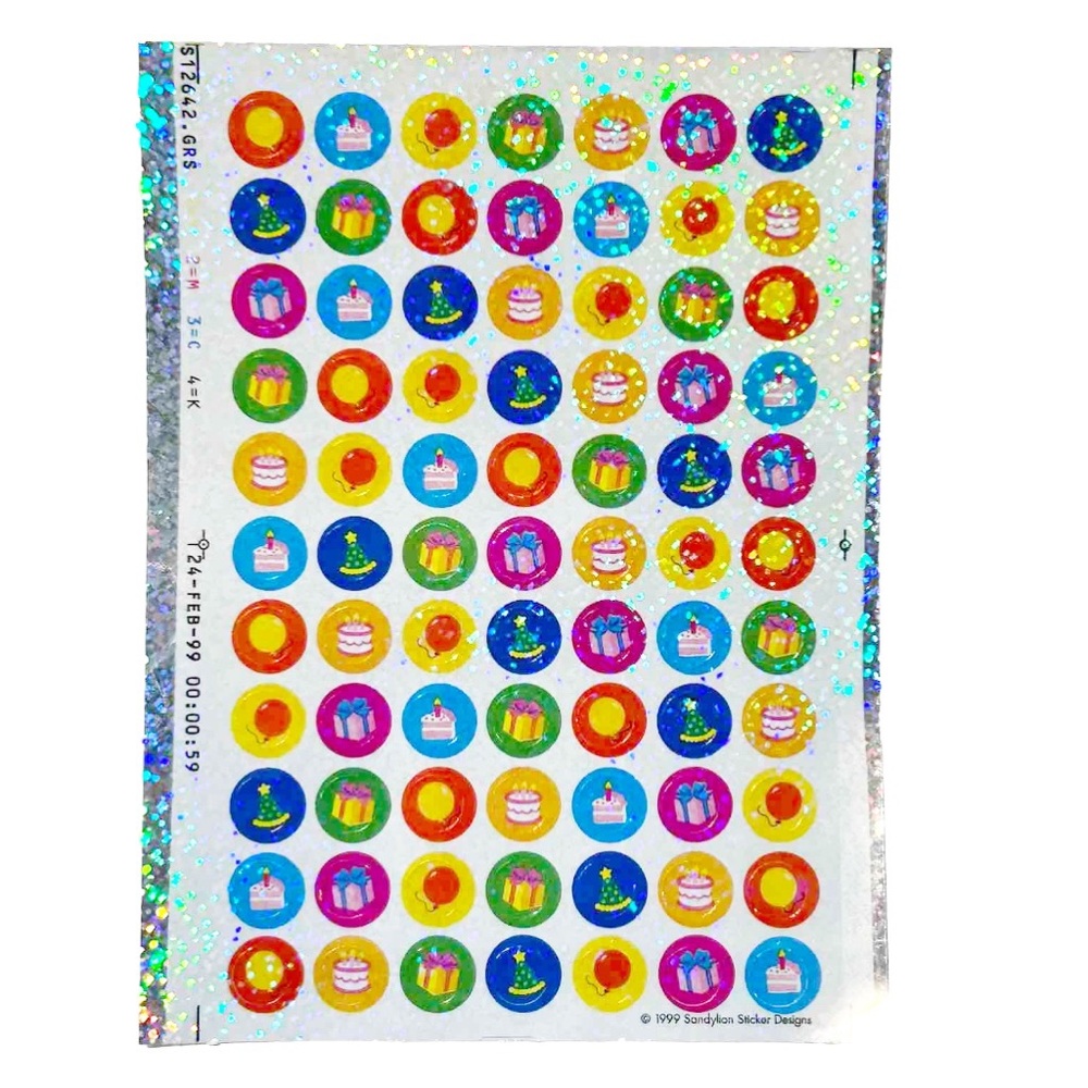 Vintage 1999 Sandylion Sparkly Holographic Birthday Party Sticker Sheet Cake Hat